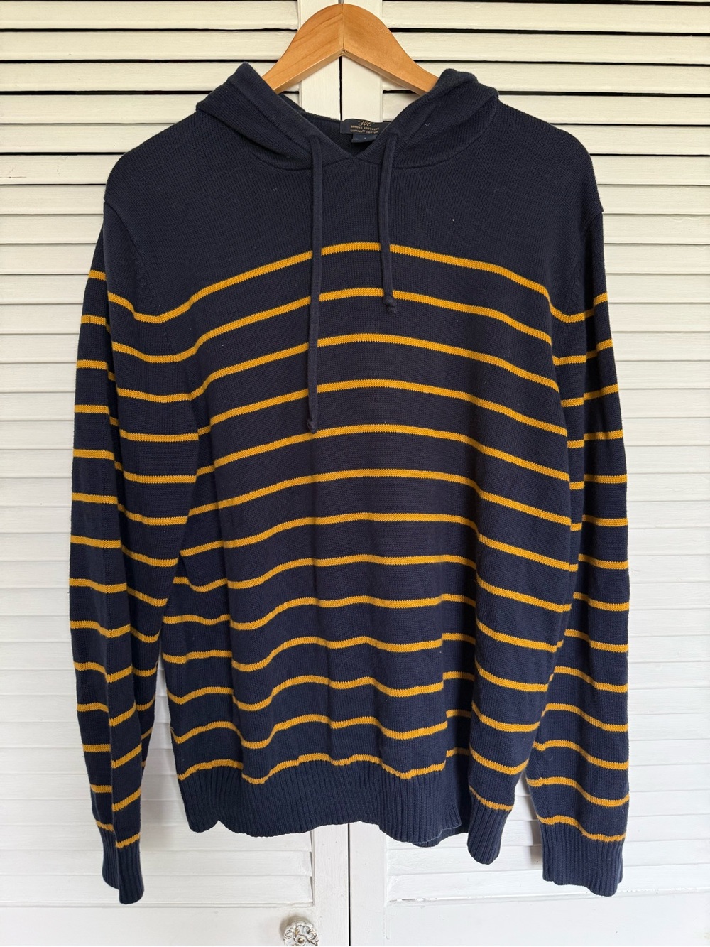 Brooks Brothers Navy Crewneck Hoodie with Mustard Stripes